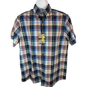 Hart Schaffner Marx Shirt Mens Large Blue Orange Plaid Short Sleeve Comfort